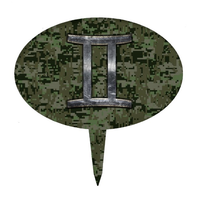 Gemini Zodiac Symbol on Green Digital Camouflage Cake Topper (Front)