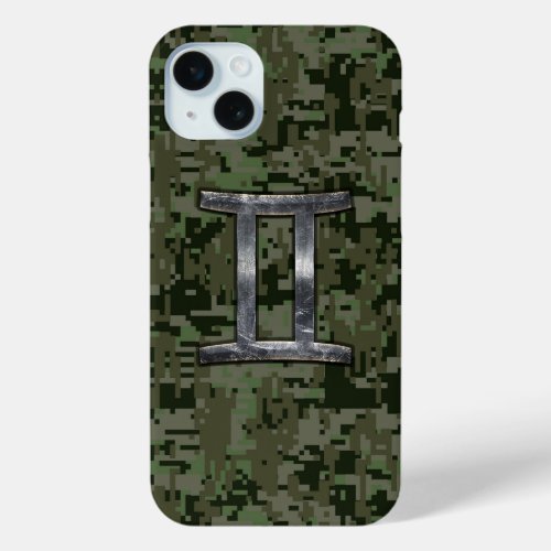 Gemini Zodiac Symbol on Green Digital Camouflage iPhone 15 Plus Case