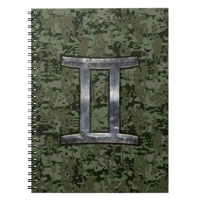 Gemini Zodiac Symbol on Green Digital Camouflage Notebook (Front)