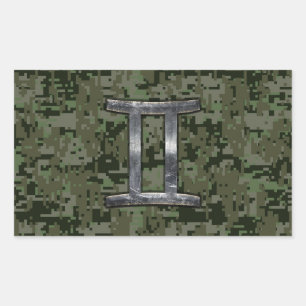 Gemini Zodiac Symbol on Green Digital Camouflage Rectangular Sticker