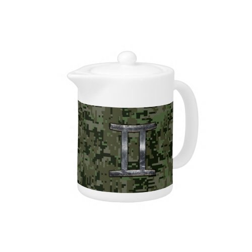 Gemini Zodiac Symbol on Green Digital Camouflage Teapot