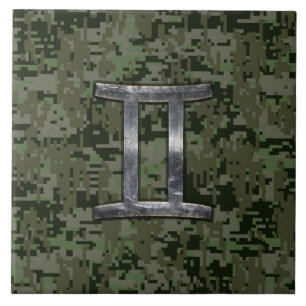 Gemini Zodiac Symbol on Green Digital Camouflage Tile