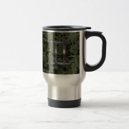 Gemini Zodiac Symbol on Green Digital Camouflage Travel Mug