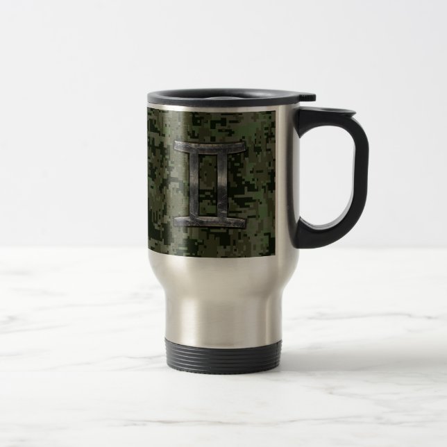 Gemini Zodiac Symbol on Green Digital Camouflage Travel Mug (Right)