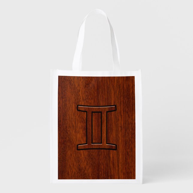 Gemini Zodiac Symbol on Mahogany like Decor Reusable Grocery Bag (Front)