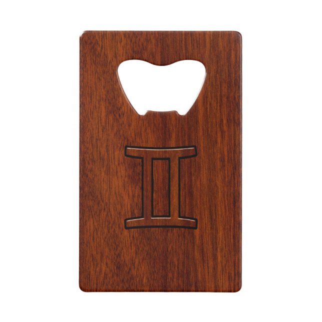 Gemini Zodiac Symbol on Mahogany like print Credit Card Bottle Opener (Front)