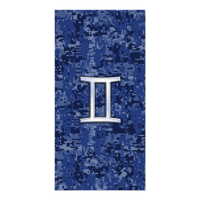 Gemini Zodiac Symbol on Navy Blue Digital Camo Card (Front)