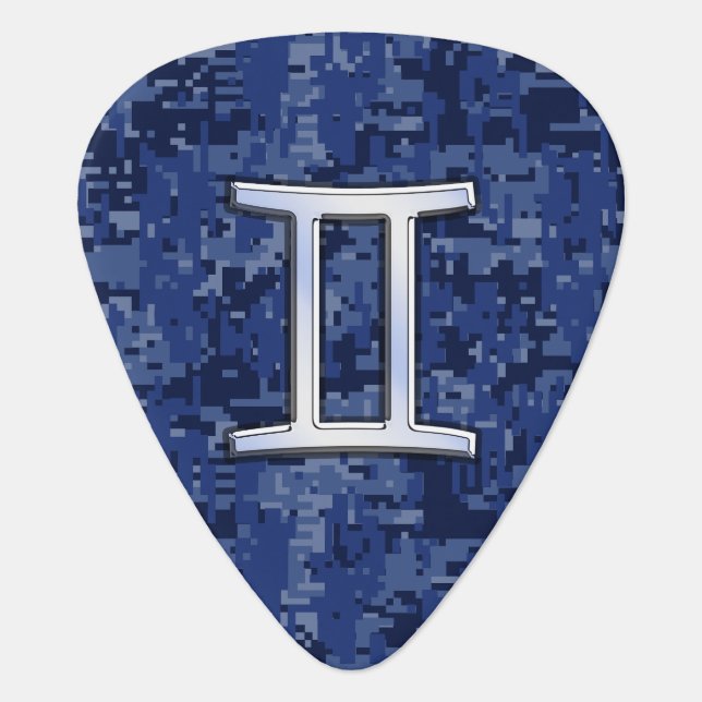 Gemini Zodiac Symbol on Navy Blue Digital Camo Guitar Pick (Front)