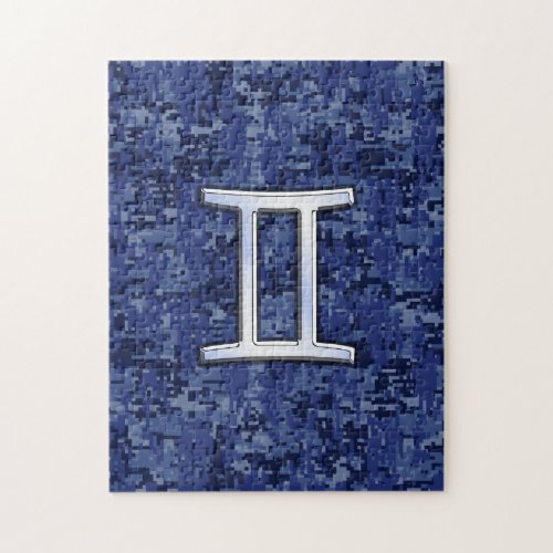 Gemini Zodiac Symbol on Navy Blue Digital Camo Jigsaw Puzzle