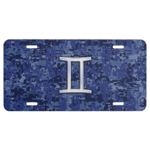 Gemini Zodiac Symbol on Navy Blue Digital Camo License Plate