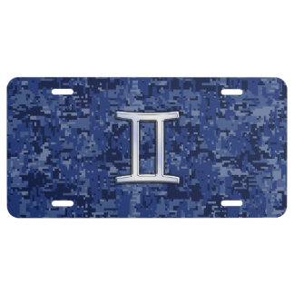 Gemini Zodiac Symbol on Navy Blue Digital Camo License Plate