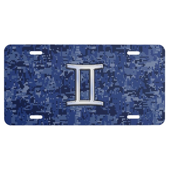Gemini Zodiac Symbol on Navy Blue Digital Camo License Plate (Front)
