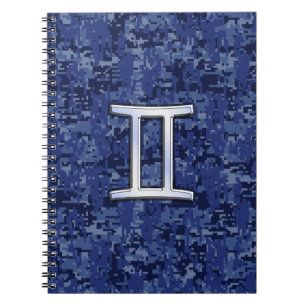 Gemini Zodiac Symbol on Navy Blue Digital Camo Notebook