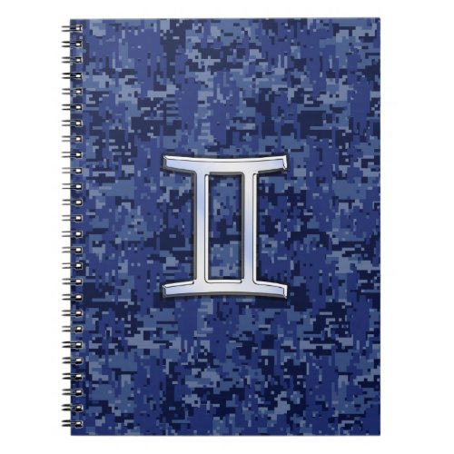 Gemini Zodiac Symbol on Navy Blue Digital Camo Notebook