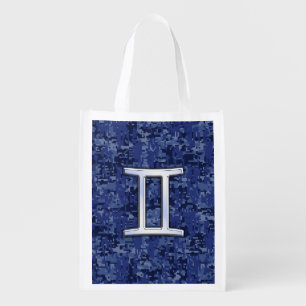 Gemini Zodiac Symbol on Navy Blue Digital Camo Reusable Grocery Bag
