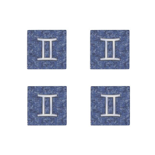 Gemini Zodiac Symbol on Navy Blue Digital Camo Stone Magnet (Front)