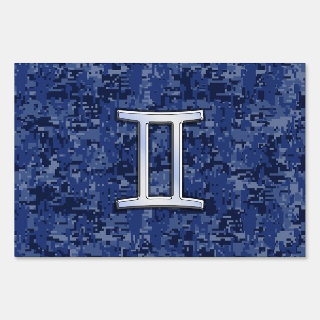 Gemini Zodiac Symbol on Navy Blue Digital Camo Yard Sign (Front)