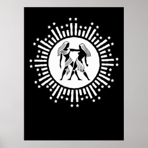 Gemini Zodiac Symbol with Stars Black and White Poster