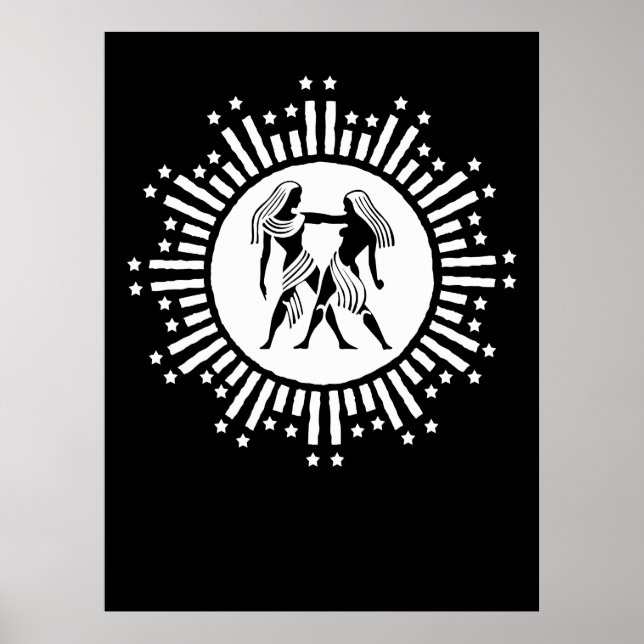 Gemini Zodiac Symbol with Stars Black and White  Poster (Front)