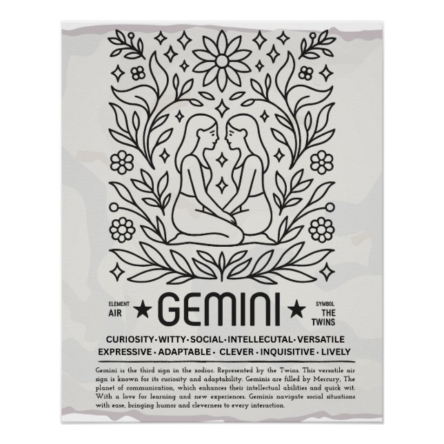 Gemini Zodiac Vintage Art Print – Botanical Folk  (Front)