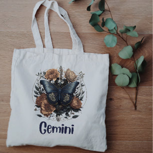 Gemini Zodiac Vintage Art With Dark Blue Text Large Tote Bag