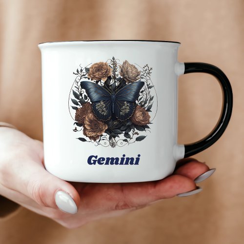 Gemini Zodiac Vintage Art With Dark Blue Text Mug