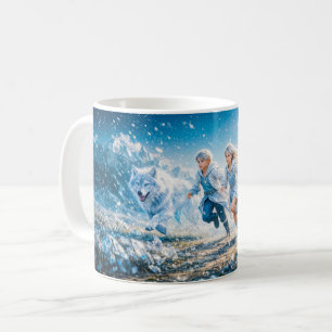 Gemini Zodiac with Twin Children and White Wolves Coffee Mug