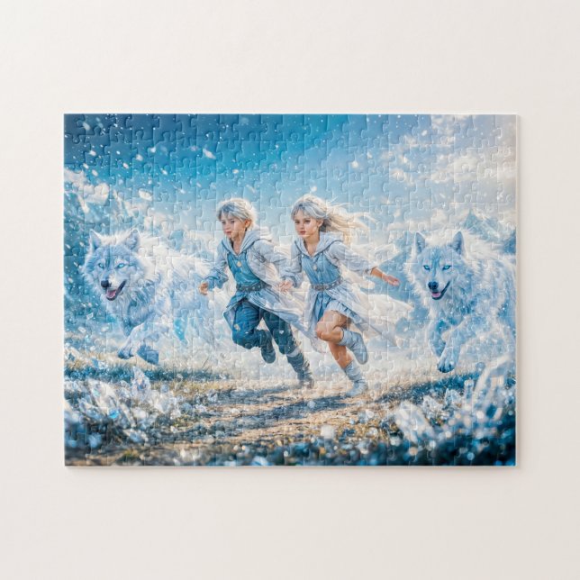 Gemini Zodiac with Twin Children and White Wolves Jigsaw Puzzle (Horizontal)