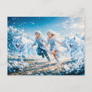 Gemini Zodiac with Twin Children and White Wolves Postcard
