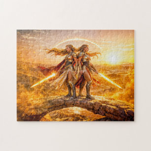 Gemini Zodiac with Twin Warrior Women and Glowing Jigsaw Puzzle