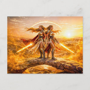 Gemini Zodiac with Twin Warrior Women and Glowing Postcard