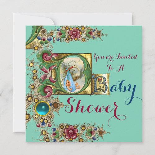 GEMS AND BLUE GOLD FLORAL STORK BOY BABY SHOWER INVITATION