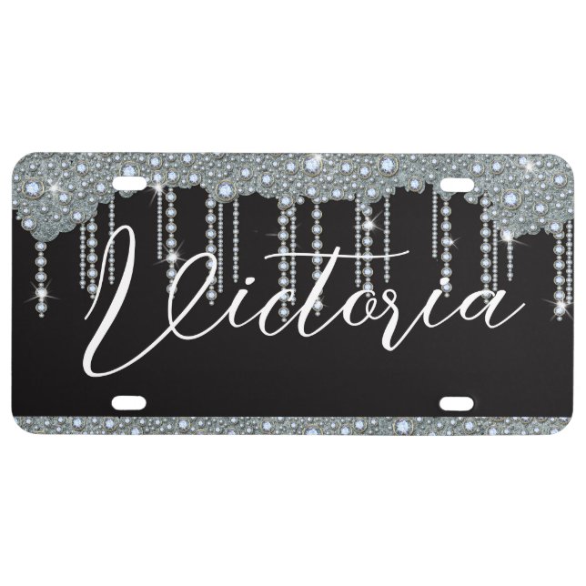Gems Diamonds Monogram Name Script License Plate (Front)
