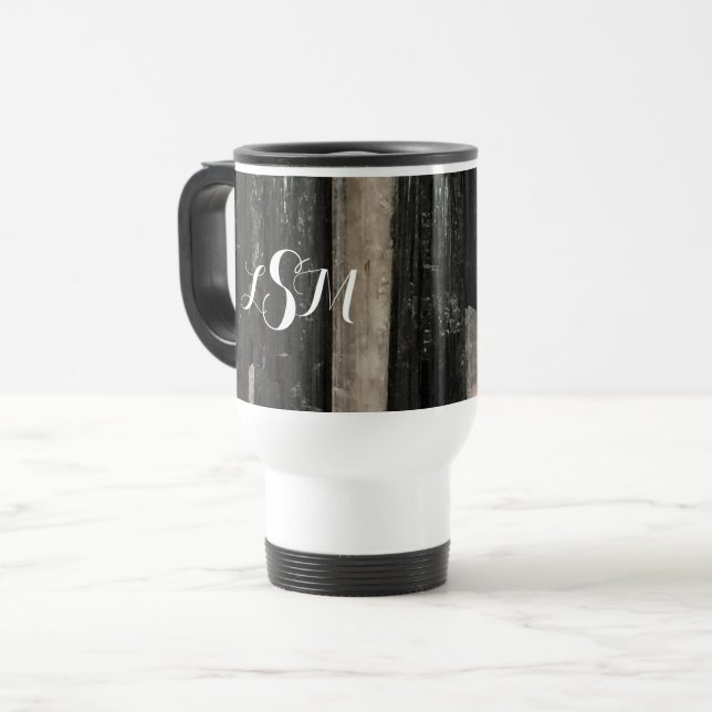 Gemstone Black White Vertical Striped Monogram Travel Mug (Front Left)