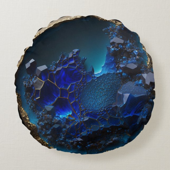 Gemstone Blue Sapphire Crystal Rock Round Pillow (Front)