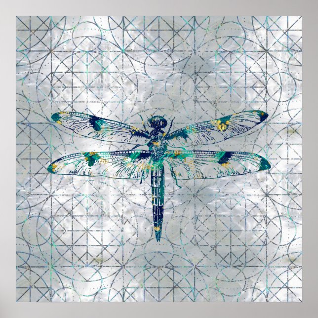 Gemstone Dragonfly on sacred geometry pattern Poster (Front)