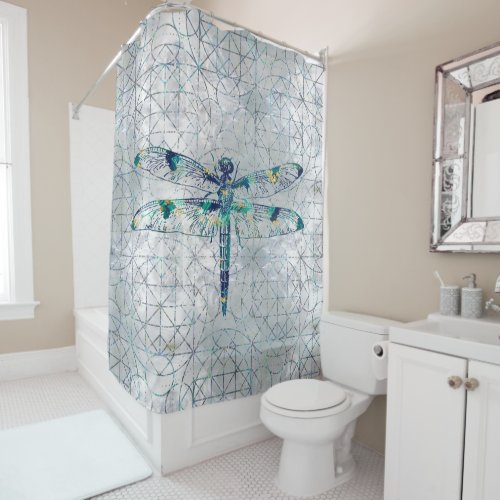 Gemstone Dragonfly on sacred geometry pattern Shower Curtain