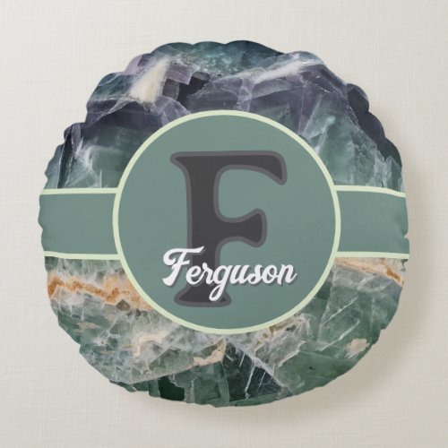 Gemstone Initial Green Purple Family Monogram Round Pillow