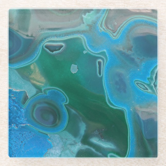 Gemstone Marbled Blue Green Swirl Pattern Gem Glass Coaster (Front)