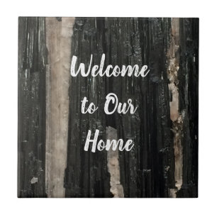 Gemstone Photo Black and White Striped Welcome Ceramic Tile
