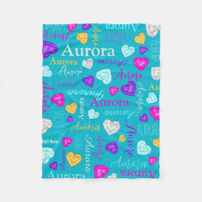 Gemstones hearts custom name colorful Aurora Fleece Blanket (Front)