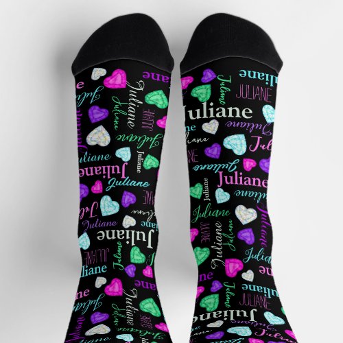 Gemstones hearts custom name colorful black socks