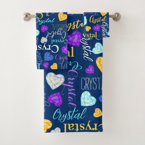 Gemstones hearts custom name colorful Crystal Bath Towel Set