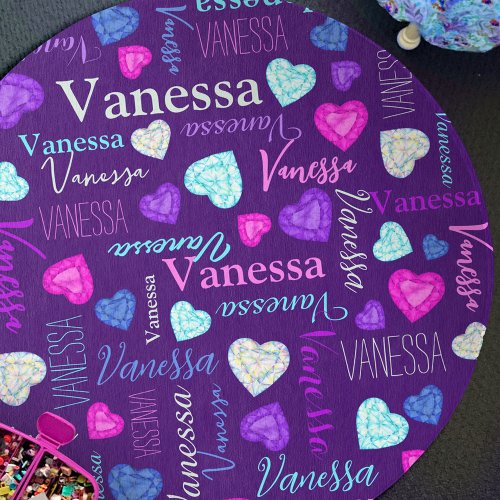 Gemstones hearts custom name colorful purple rug