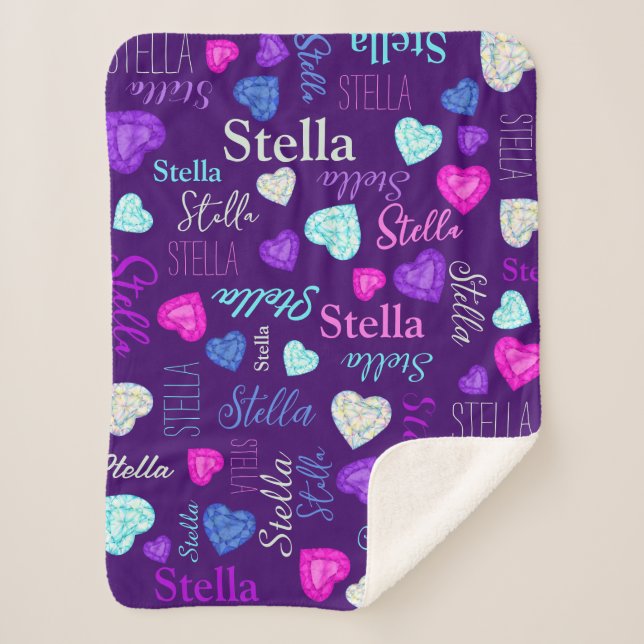 Gemstones hearts custom name colorful Stella Sherpa Blanket (Front)