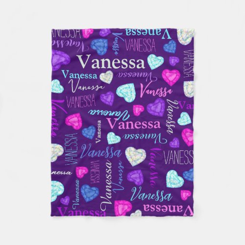 Gemstones hearts custom name colorful Vanessa Fleece Blanket