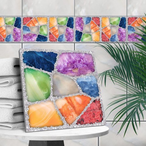 Gemstones Mosaic Collage on crystal clusters Ceramic Tile