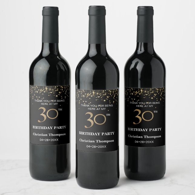 Gender Neutral 30th birthday Gold Confetti Black Wine Label (Bottles)