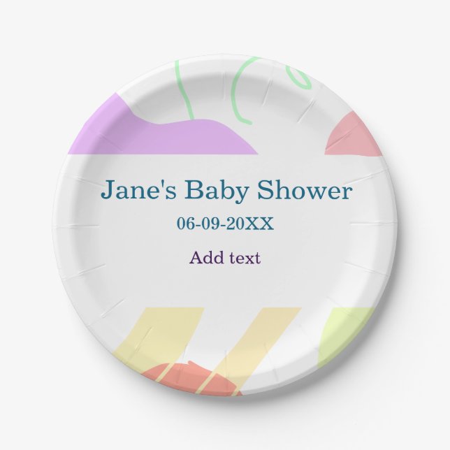 Gender neutral abstract shapes baby shower name paper plates (Front)