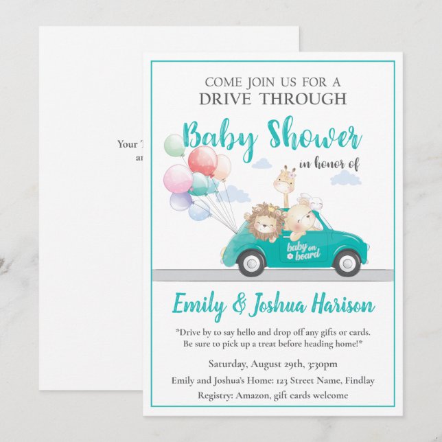 Gender Neutral Animals Drive Through Baby Shower Invitation (Front/Back)